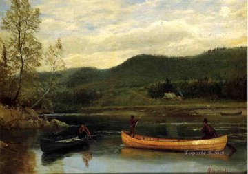 アルバート・ビアシュタット Painting - 二隻のカヌーに乗った男たち アルバート・ビアシュタット